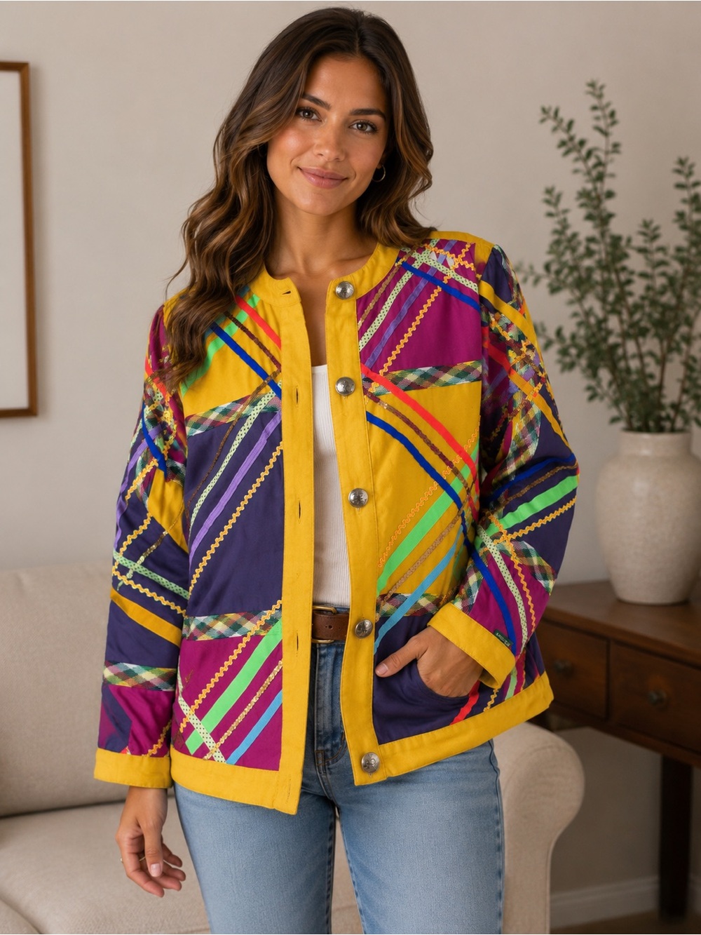 Gene Ewing BIS 100% Cotton Colorful Patchwork Jacket Women’s Small